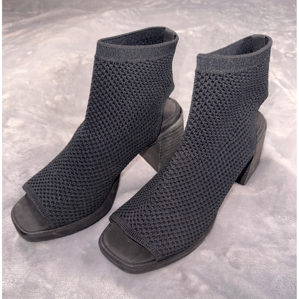 Eileen Fisher Black Stretch‎ Knit Peep Toe Block Heel Ankle Boots Womens 7.5